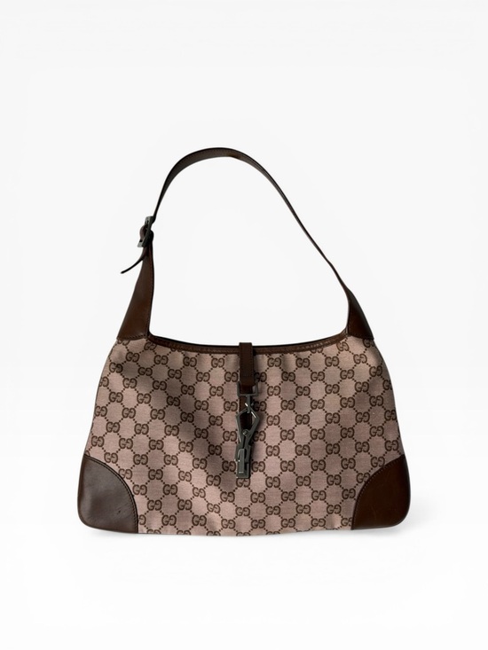 Gucci Handbags - Gucci Jackie GG Brown Canvas Leather Trim Shoulder Bag